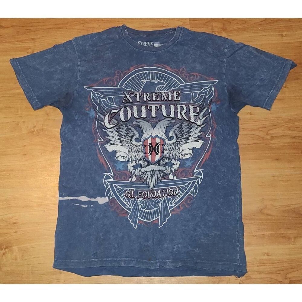 Xtreme Couture Men’s Large Blue DISTRESSED AND TORN T-Shirt EAGLE G.I. Foundatio